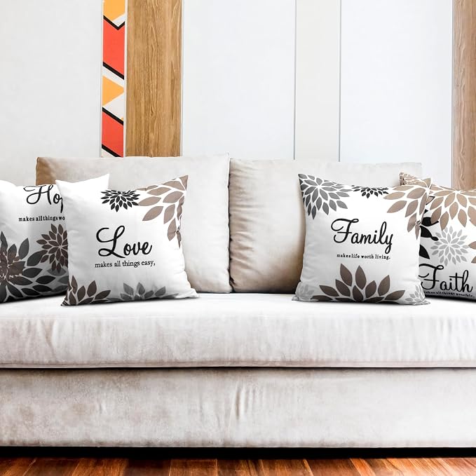 Tatuo 4 Pcs Flower Pillow Covers Square Summer Pillow Cushion Cases 18 x 18 Inch Family Faith Hope Love Words Decorative Spring Winter Cushion Case for Bed Couch Sofa Living Room(Brown Series)