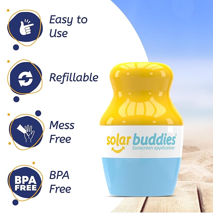 Solar Buddies Sunscreen Applicator - Blue Pack of 3 - BPA-Free Refillable Roll on Sponge Sunscreen, Suncream & Lotion Applicator For Kids, Adults & Families - Holds 3.4fl oz, Perfect Size for Travel