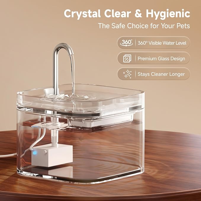 PETTEN Glass Cat Water Fountain Replacement Pump | Designed with LED Light,Super-Quiet Below 20dB，Easy to Install & Clean,Compatible with Glass