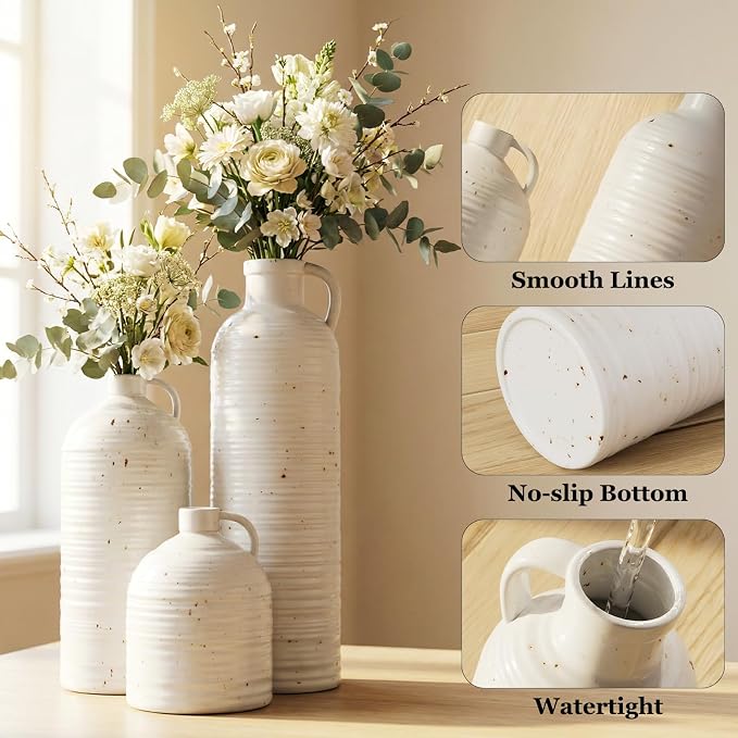 Firehold Ceramic Vase Set of 3 w/Handles, Rustic Farmhouse White Decor Vase | Textured Country Home Decor Vases for Shelf, Mantel, Table Centerpiece, Perfect for Pampas Grass & Dried Flowers