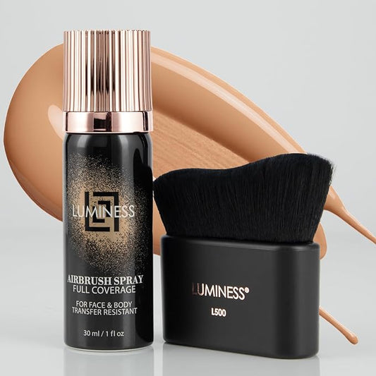 LUMINESS Airbrush Body Coverage with Self Tanner Brush - Tattoo Cover Up Makeup - Full Coverage Foundation for Face & Body - Water-Resistant, Long-Wear, Natural Radiant Finish, Warm
