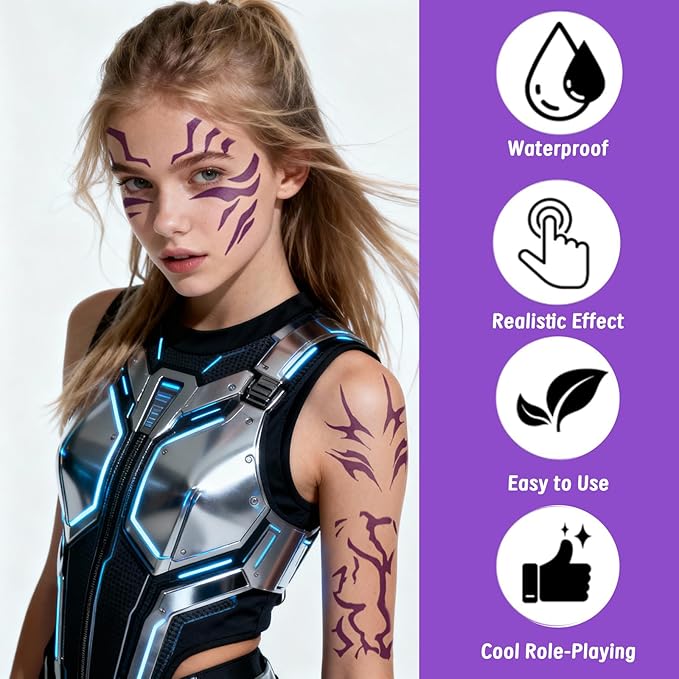 Temporary Tattoos For Men and Women - 12 Sheets Full Body Tattoos Stickers Waterproof Movie Cosplay Costume Accessories for Boys Girls Festival Party Rave Stage Makeup Decoration（Fluorescent）