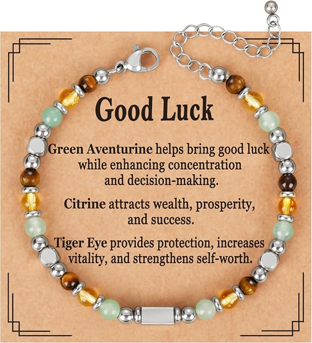 Natural Healing Crystal Bracelet for Women, Triple Protection Anxiety Relief New Beginnings Good Luck Empath Protection Jewelry Gift for Friends Daughter Mom 6.5+1.8 Inches