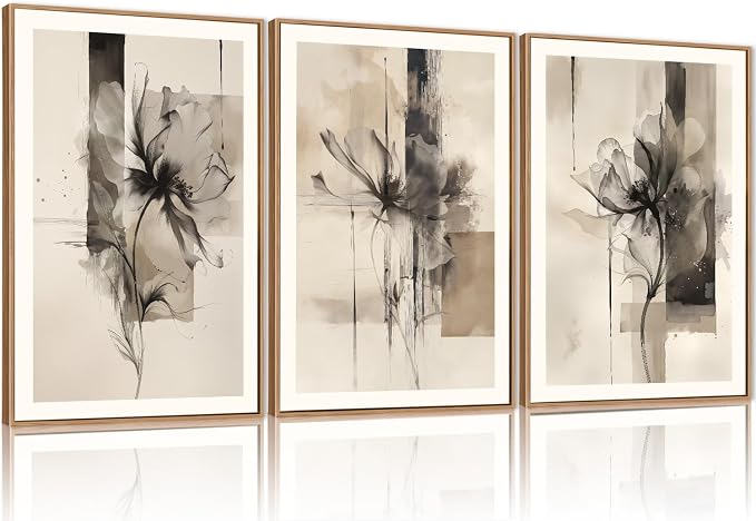 FWIEXA Large Black Beige Floral Canvas Wall Art Set 3, Neutral Abstract Florals Framed Prints, Brushstroke Geometry Line Paintings, 24x36In Watercolor Ink Artwork Poster for Farmhouse, Living Room, Bedroom, Office