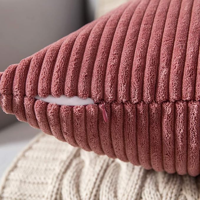 MIULEE Soft Corduroy Throw Pillow Covers Set of 2 18x18 Cranberry Red | Decorative Striped Textured Cushion Cases, Boho Energetic Vibe Pillowcases, Home Decor for Couch Chair Sofa Bed Living Room