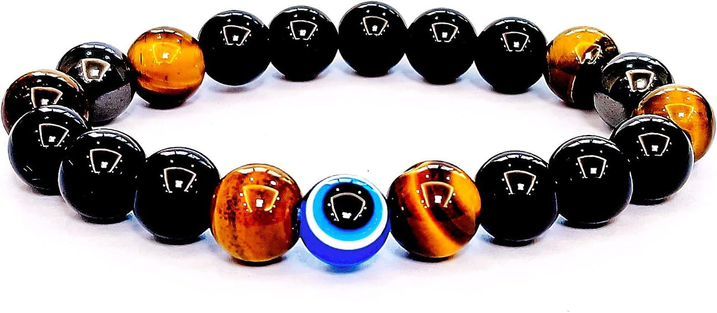 Evil Eye with Hematite Black Obsidian Tiger Eye Stone Triple Protection Bracelets for Men Women, Crystal Healing Stone Bracelet Bring Luck Prosperity and Happiness Jewelry