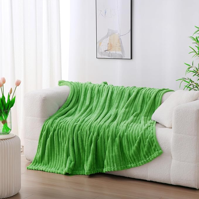 Bright Green Fleece Throw Blanket 60”×80” for Couch Sofa Livingroom | Super Soft Cozy Plush Microfiber Flannel Bed Blanket Striped Design Lightweight Home Decor Gifts for Adults Mom Women