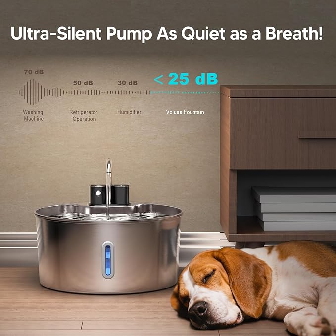 Voluas 7L Wireless Dog Water Fountain with 6 Filters, Stainless Steel | 236oz capacity, 4-layer filtration, ultra-quiet pump, water level window, easy clean for large dogs