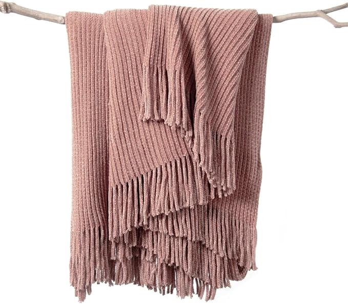lifein Throw Blanket for Couch, Soft Boho Decor Bed Throw,Cozy Chenille Knitted Small Farmhouse Lightweight Throw (Pink,60 * 80")