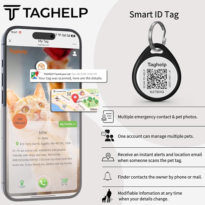 QR Code Cat ID Tag for Collar, Smart Pet ID with Free Online Profile, Instant Scan to Contact Owner, Silent Anti-Lost Cat Tag, No App or Subscription, Black 1”