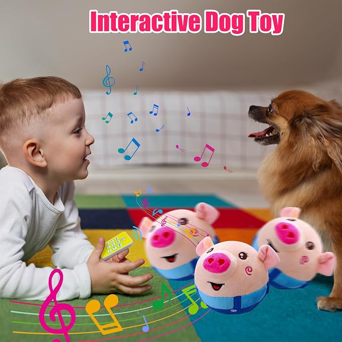 Interactive Plush Dog Toys, Interactive Puppy Toy Bouncing Rolling Dog Ball Remote Control with Music, Self Moving Pet Toy for Small/Medium/Large Bored Dogs to Keep Them Busy(Blue Pig)
