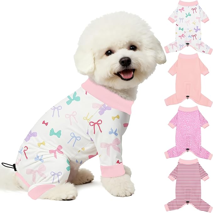 Bienbee Dog Pajamas, 4 Pack Adjustable Onesies for Small to Large Dogs M | Dog Shedding Suit with Soft Fabric, Breathable & Stretchy, and Adjustable Back Length for Sleeping Lounging and Daily Use