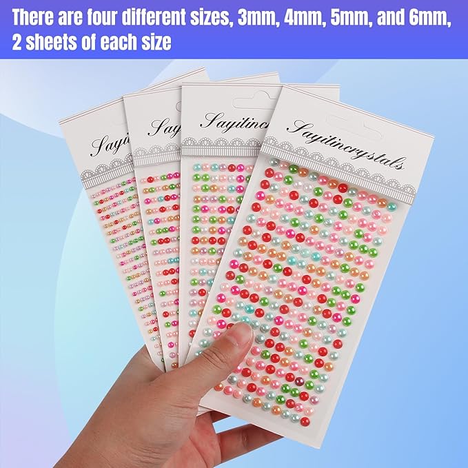 8 Sheets Rhinestone Stickers，3584 Pcs Gem Stickers for DIY Face Eyes Makeup Hair（Colored Pearl-3/4/5/6mm）