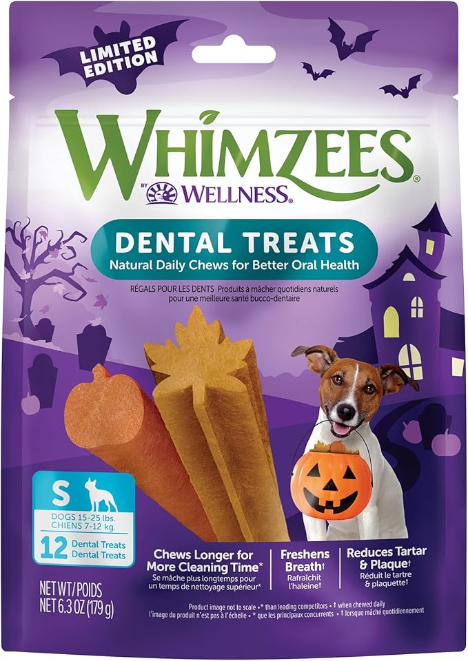 Wellness WHIMZEES Fall Natural Dog Dental Treat, Autumn Halloween Chews, Freshens Breath, Small Size, 6.3 oz Bag, 12 Count
