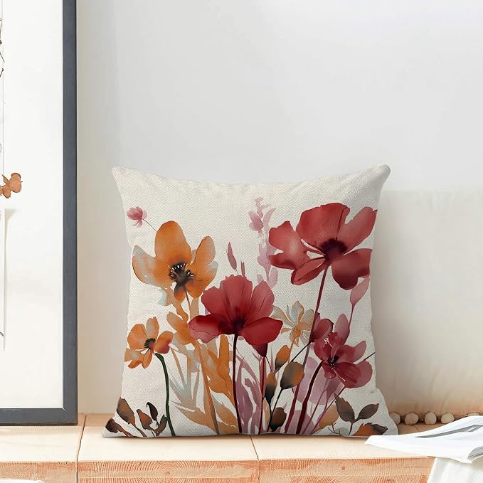 Floral Pillow Covers 18x18 Inches Set of 2 Burgundy Red Orange Floral Throw Pillow Covers Outdoor Rustic Flower Decoration Pillowcase Farmhouse Decorative Cushion Cover for Home Sofa Couch