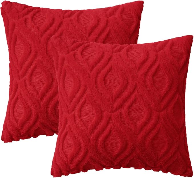 MIULEE Red Soft Plush Faux Wool Throw Pillow Covers 18x18 | Set of 2, Farmhouse Boho Home Decor, Decorative Cushion Covers for Sofa, Living Room, Bed