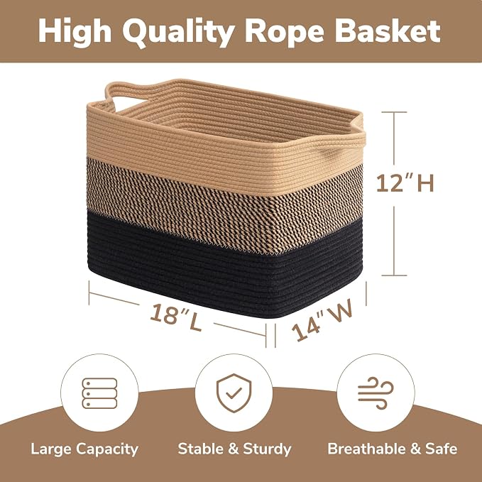 Goodpick 50L Large Woven Storage Basket, 18" x 14" x 12", Black & Jute | Stylish Gift Basket for Home Decor, Cotton Rope Baskets for Blankets & Toys Storage, Living Room & Bedroom Organization