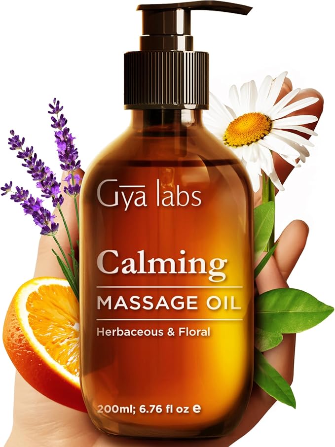 Calming Oil for Body (200ml) & Muscle Relief Essential Oil Roll On (10ml) Set - Aromatherapy Grade Essential Oils Set - Gya Labs