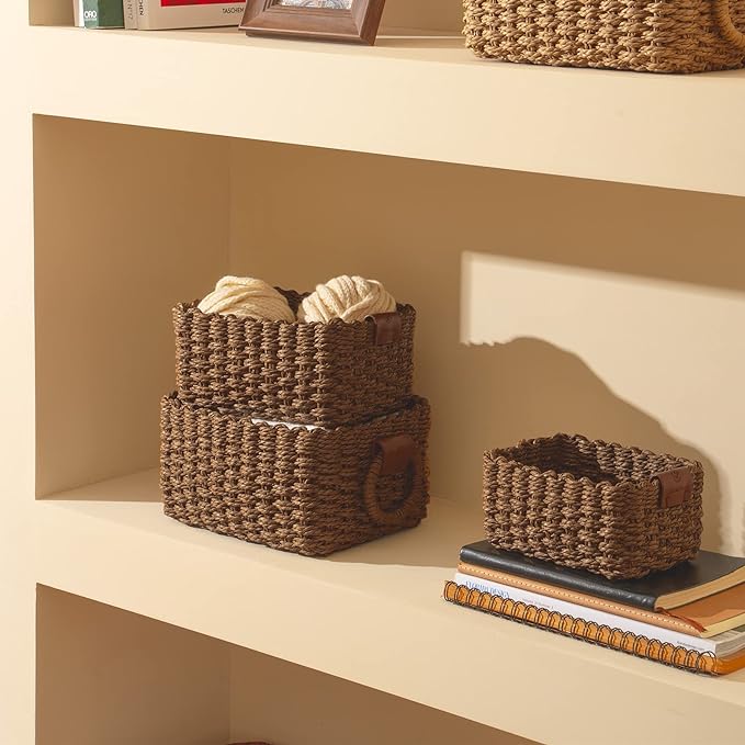LA JOLIE MUSE Small Wicker Baskets for Organizing, Brown 3 Pack | Decorative Organizer with Vegan Leather Tag, Round Handle, Storage Baskets for Shelves, Bedroom, Kitchen, Office and Home