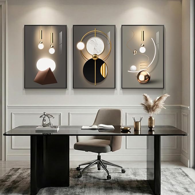 3 Piece Framed Black and Gold Abstract Wall Art for Living Room, Large Modern Luxury Geometric Picture Prints Paintings, Bright Style Artwork for Bedroom Dining Room Office Wall Decor 20x30 Inch