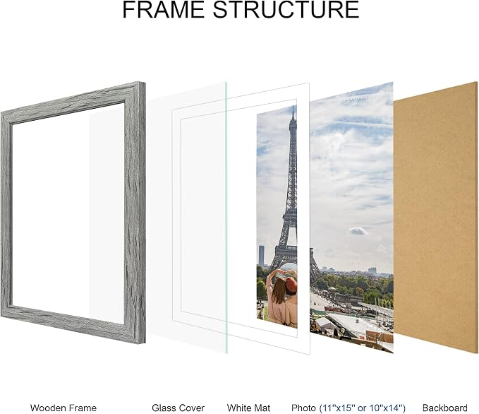Hongkee 11x15 Picture Frame Set of 4, Made of Real Glass and Grey Frame - Display Picture 10x14 with Mat or 11x15 Without Mat, 11 by 15 Photo for Wall Mounting