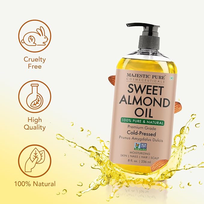 Majestic Pure Oil - 100% Pure and Natural- Cold Pressed & Hexane Free Natural Hair Growth Oil for Eyelashes, Eyebrows, Skin, Body, Face, Nails & Scalp - Sweet Almond Oil 8 Fl Oz