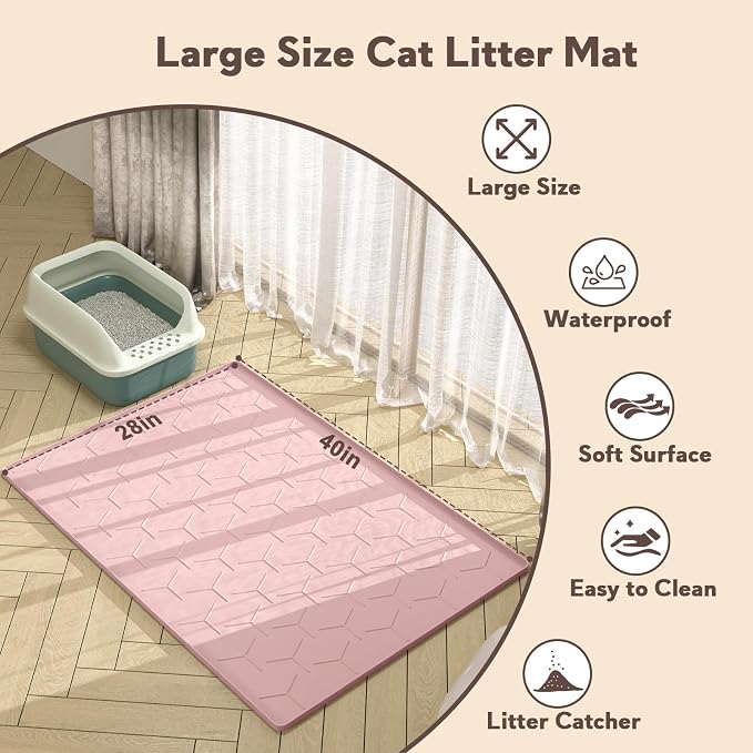 Garoopion Silicone Cat Litter Mat Large 40" X 28", Easy to Clean, Pink | Large Size Waterproof Silicone Mat with Raised Edges, Catch Litter, Protect Floor from Urine, Multi-Use for Dog/Sink/Kitchen