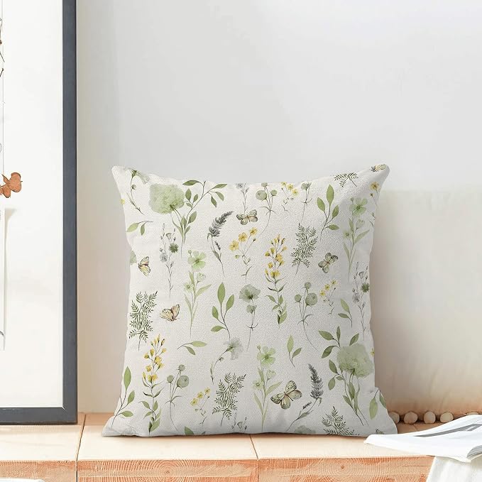 AEIOAE Spring Pillow Covers 16x16 Inch Set of 2, Sage Green Yellow Wild Flower Throw Pillows Case,Colorful Seasonal Floral Plant Outdoor Decorative Farmhouse Decor Cushion Covers for Sofa Bed Couch