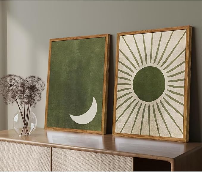 Framed Boho Sun and Moon Canvas Wall Art Set of 2, Vintage Sage Green Bohemian Pictures Wall Decor, Mid Century Modern Abstract Minimalist Paintings Prints for Living Room Bedroom Office 12x16 inch
