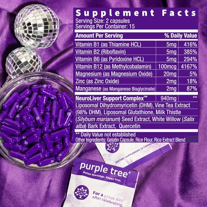 purple tree Post-Celebration Wellness Supplement for Liver Support & Hydration | Liposomal Dihydromyricetin (DHM), L-Glutathione, Milk Thistle, B Vitamins, Minerals, Willow Bark | 30 Pills