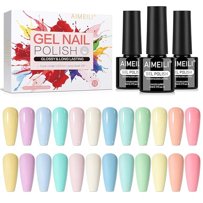 AIMEILI Pastel Gel Nail Polish Set 12pcs, Hema Free, Cruelty Free, Vegan, Soak Off U V LED Nail Art Manicure Salon DIY for Women - Kit 37