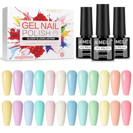 AIMEILI Pastel Gel Nail Polish Set 12pcs, Hema Free, Cruelty Free, Vegan, Soak Off U V LED Nail Art Manicure Salon DIY for Women - Kit 37