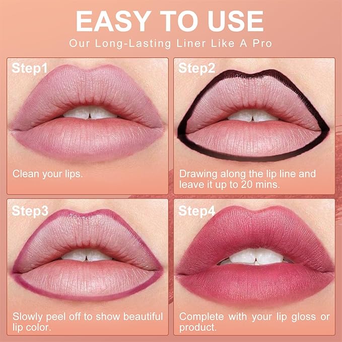 OETUIOW Lip Stain Peel Off, Lip Liner Moisturizing Long-Lasting & Waterproof, Transfer Proof & Plumping, Non-Stick Cup, 2PCS Rose