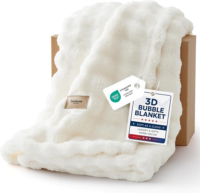 Bedsure 3D Fleece Bubble Blanket for Couch - GentleSoft White Throw Blanket for Sofa Bed Room Decor - Luxury Soft Cozy Gifts for Women, Lightweight, All Seasons, Off White, 50"×70"