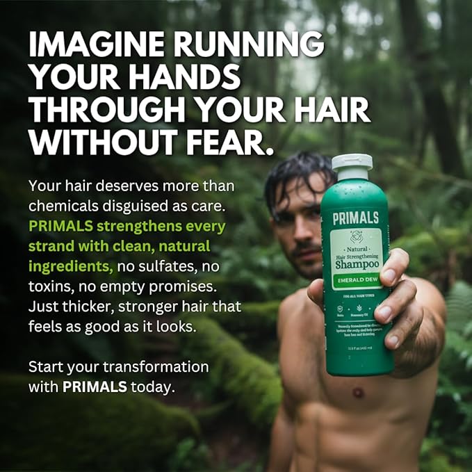 PRIMALS Hair Strengthening Shampoo - Caffiene, Biotin, Raw Honey, Rosemary Oil - Anti Hair Thinning - Natural Ingredients - Zero Artificial Fragrances, Sulfates, Parabens, or Dyes - 13.5 Fl Oz