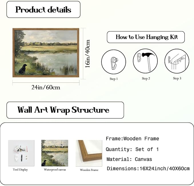Framed Vintage Hunting Black Dog Wall Art, Rustic Country Nature Landscape Pictures Wall Decor, Farmhouse Animal Paintings Canvas Prints Aesthetic Home Decor for Living Room Bedroom 16x24 inch
