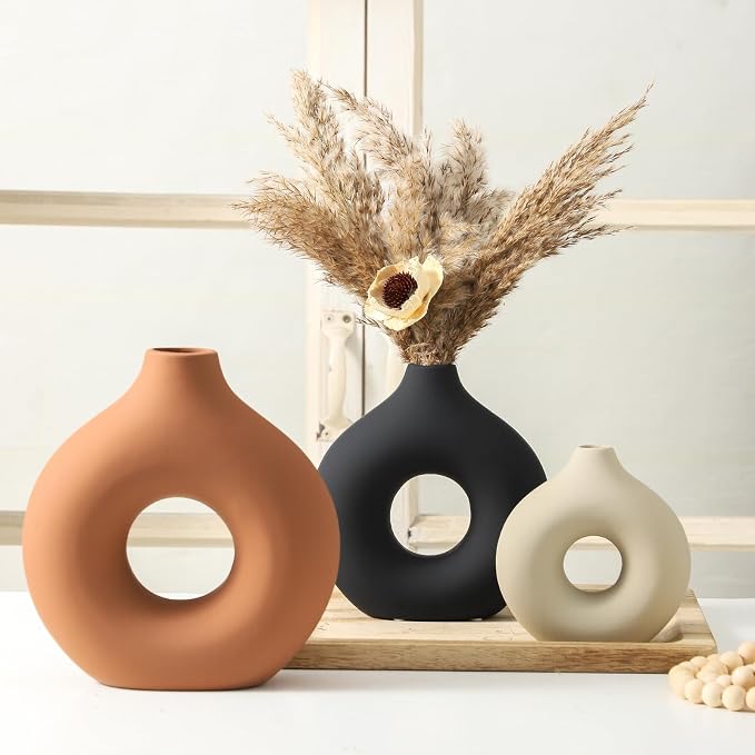 Vanselia Ceramic Vase Home Table Decor - Flower Vases Set of 3 Small Living Room Centerpiece Decorations for Shelf Bedroom Office Kitchen Dining Desk Modern Aesthetic Farmhouse Decorative (Rust)