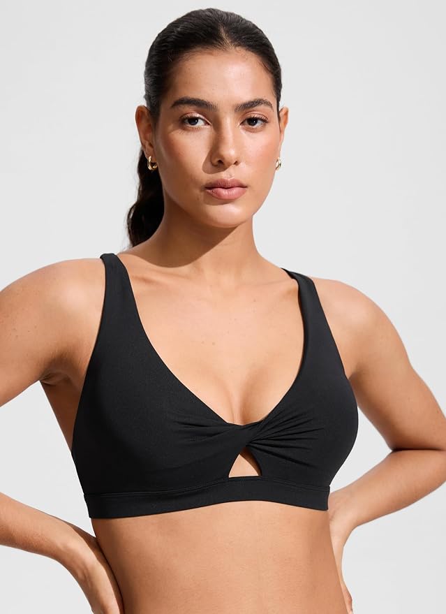 CRZ YOGA Twist Front Cut Out Bikini Tops for Women - Padded V Neck Spaghetti Strap Criss Cross Swim Bathing Suit Bra