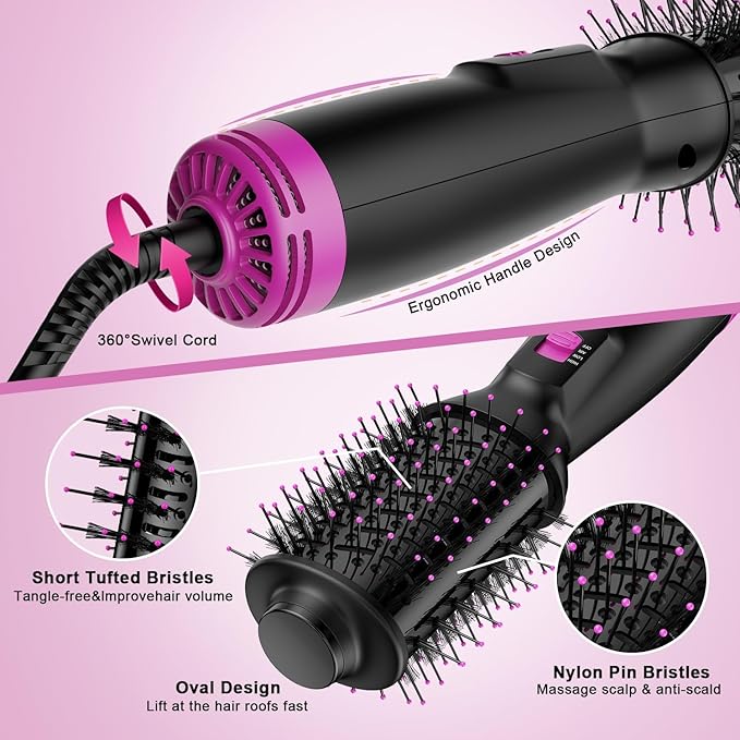 Dual Voltage Mini Hair Dryer Brush with UK/EU Plug, Blow Dryer Brushes 120V - 240V for European Travel, One Step Hair Dryer and Styler Volumizer with Negative Ion Anti-frizz Styling Brush