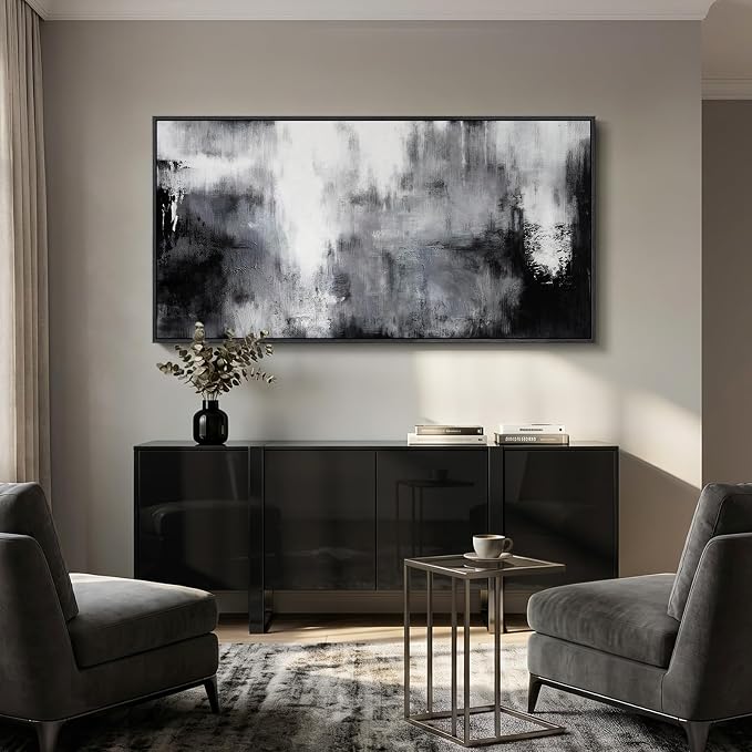 Large Framed Black and White Abstract Wall Art for Living Room, 30x60 In | Grey horizontal canvas prints, Neutral modern pictures, Minimalist artwork, Modern wall decor for bedroom dining room office