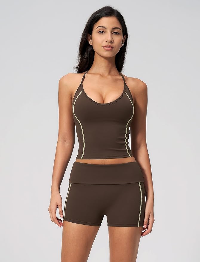QBGJTD Women 2 Piece Workout Set Color Block Open Back Halter Top and High Waist Booty Lifting Shorts Yoga Outfit