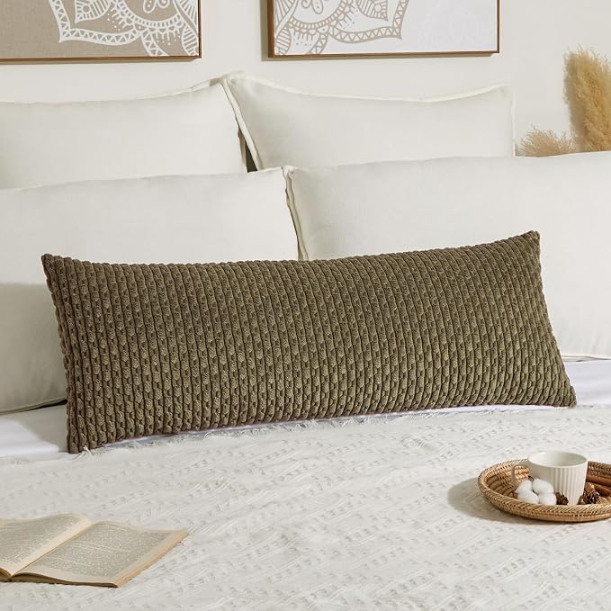 Kevin Textile Soft Corduroy 20"x54" Body Pillow Cover 1 Pack, Olive Green | Boho Stripe Plush Corduroy Decorative Oblong Cushion Cover Modern Farmhouse Home Decor for Sofa Couch Bed Chair