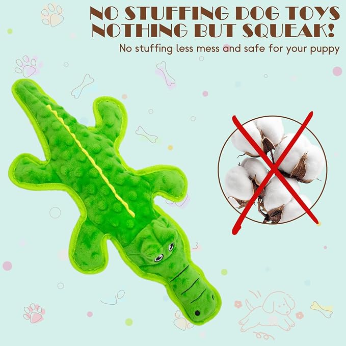 No Stuffing Dog Squeak Toys, Chew Toys for Small, Large Puppies Crocodile | Durable Plush Puppy Teething Toys, Interactive to Keep Pets Busy, Toss Fetch Tug Play, Best Birthday Gift