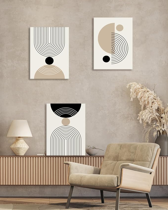HesenDot Abstract Geometric Wall Art Set of 3, 40x60CM Minimalist Line Framed Canvas Prints, Boho Modern Beige Black Shapes Wall Decor for Living Room Bedroom Bathroom Office Home