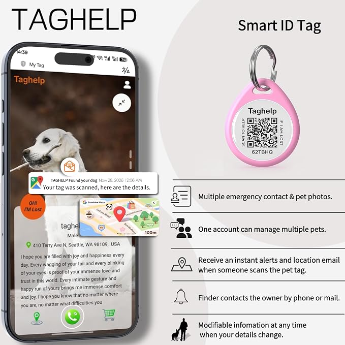 Smart QR Code Pet ID Tag for Dogs & Cats – Anti-Lost Collar Tag with Online Profile, Instant Email Alert on Scan, No Subscription Fees, No App Required (Pink, for Dog - 1.2")