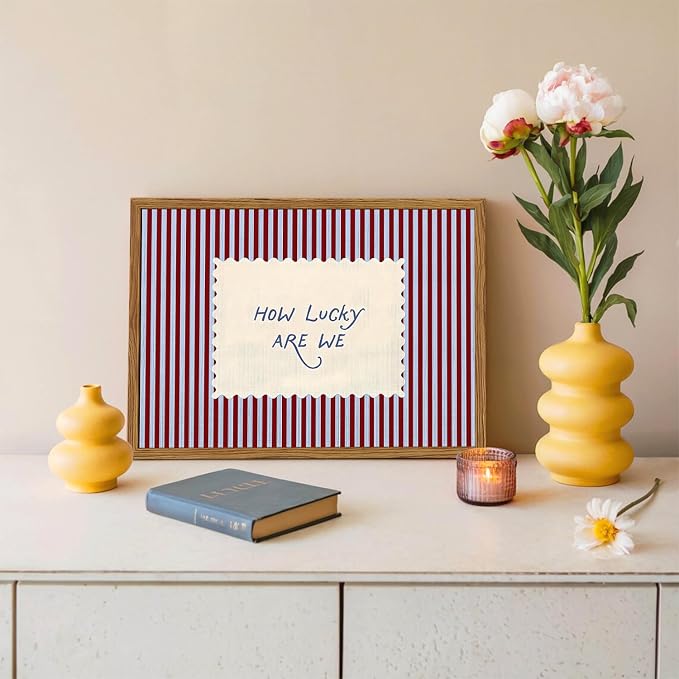 Framed How Lucky Are We Wall Art, Trendy Positive Affirmation Quotes Canvas Wall Decor Paintings, Red Striped Pictures Prints Preppy Home Decor for Living Room Bedroom Dorm 16x24 inch