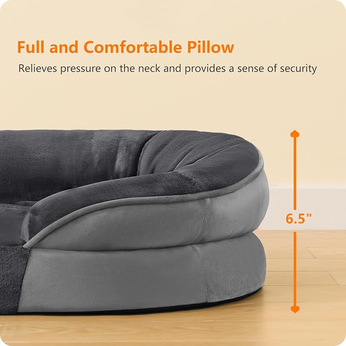 Dwanton Orthopedic Waterproof Large Dog Bed Sofa, Gel Memory Foam, 42" | Egg-Crate Foam Dog Sofa, Washable Pet Bed with Four Sided Bolster Cushion, Removable Cover & Non-Slip Bottom, Dark Grey