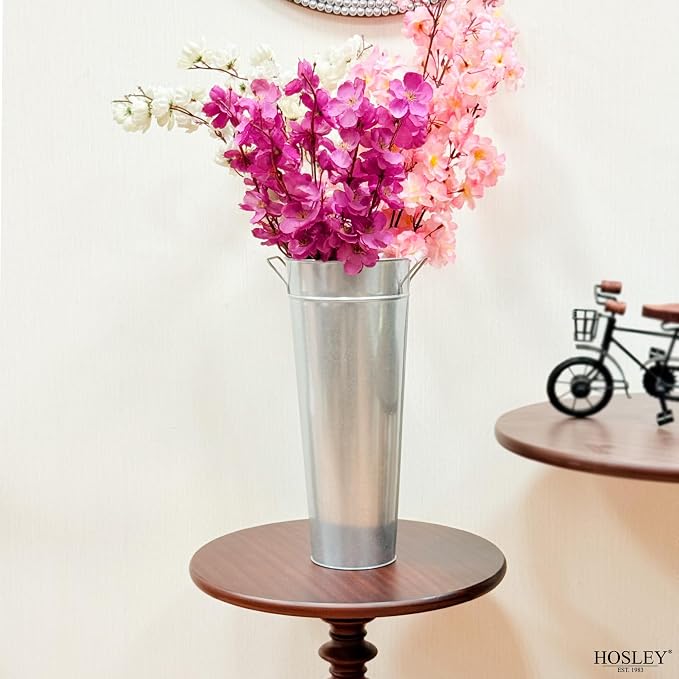 Hosley Galvanized French Bucket Vase with Handles 6" Dia x 15" H- Perfect for Weddings, Parties, Country Picnics, Floral Arrangements, Tableware Storage, or Candle Gardens - Rustic Farmhouse Décor