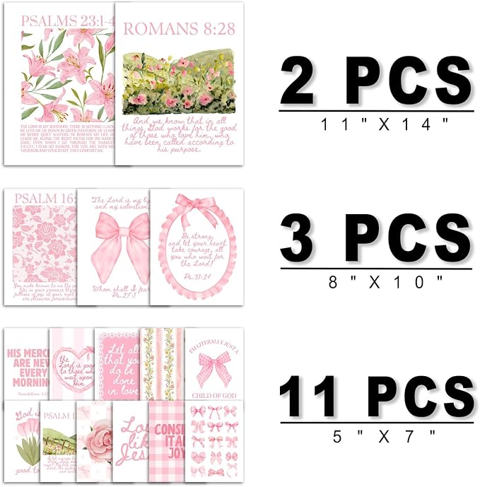 ANERZA 16 PCS Christian Coquette Wall Art Decor, Pink Bow Bible Verses Gallery Wall Prints for Bedroom Nursery, Jesus Posters for Living Room Aesthetic, Scripture Preppy Dorm Collage Kit for Girls Kids