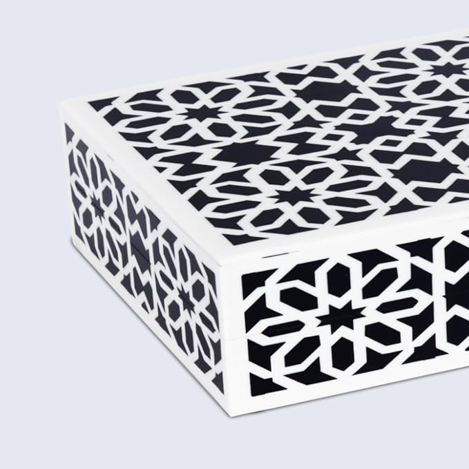 Handicrafts Home Decorative Storage Box with Lid, Black White Islamic Floral Geometry Remote Control Box, Slim Persian Mosaic Storage Box for Shelf, Desk & Living Room Decor, Shiraz 8 x 6 x 1.5